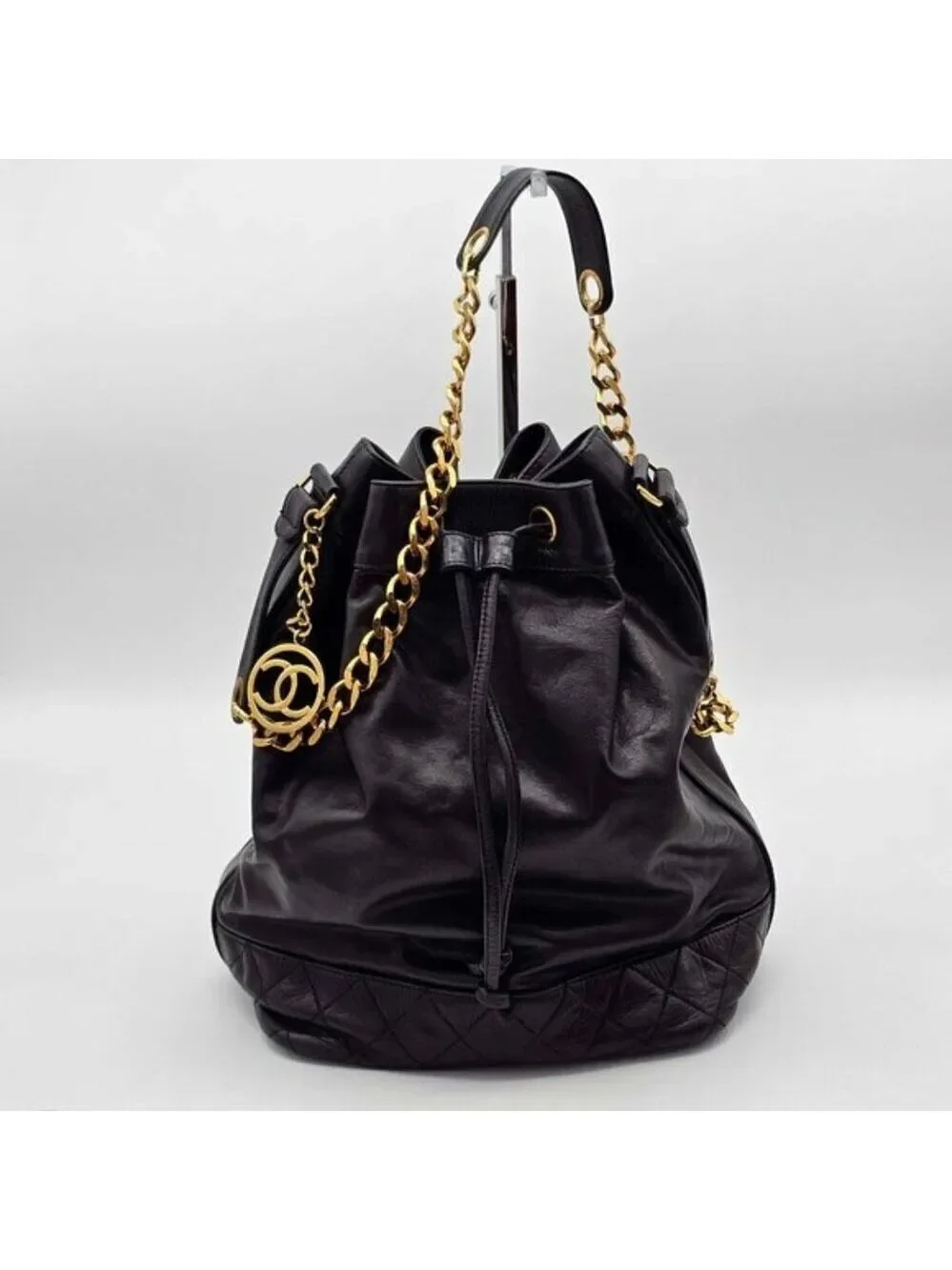 Authentic Chanel Drawstring Bucket Bag Black Leather Gold Chain CC Logo